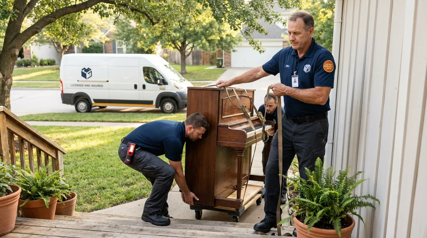 Licensed piano movers securing grand piano in Rancho Cordova, CA