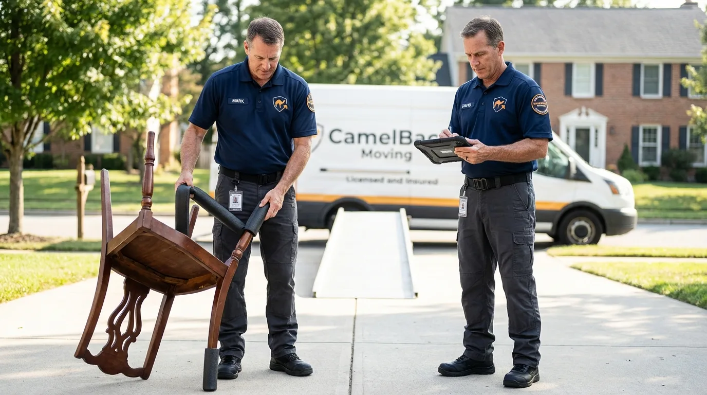 Movers inspecting furniture for damage prevention before loading in Rancho Cordova, CA