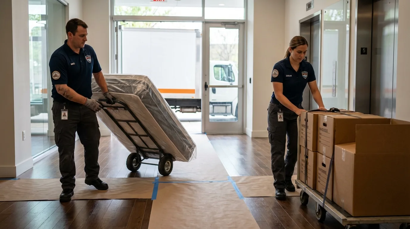 Professional apartment movers loading elevator in Rancho Cordova, CA